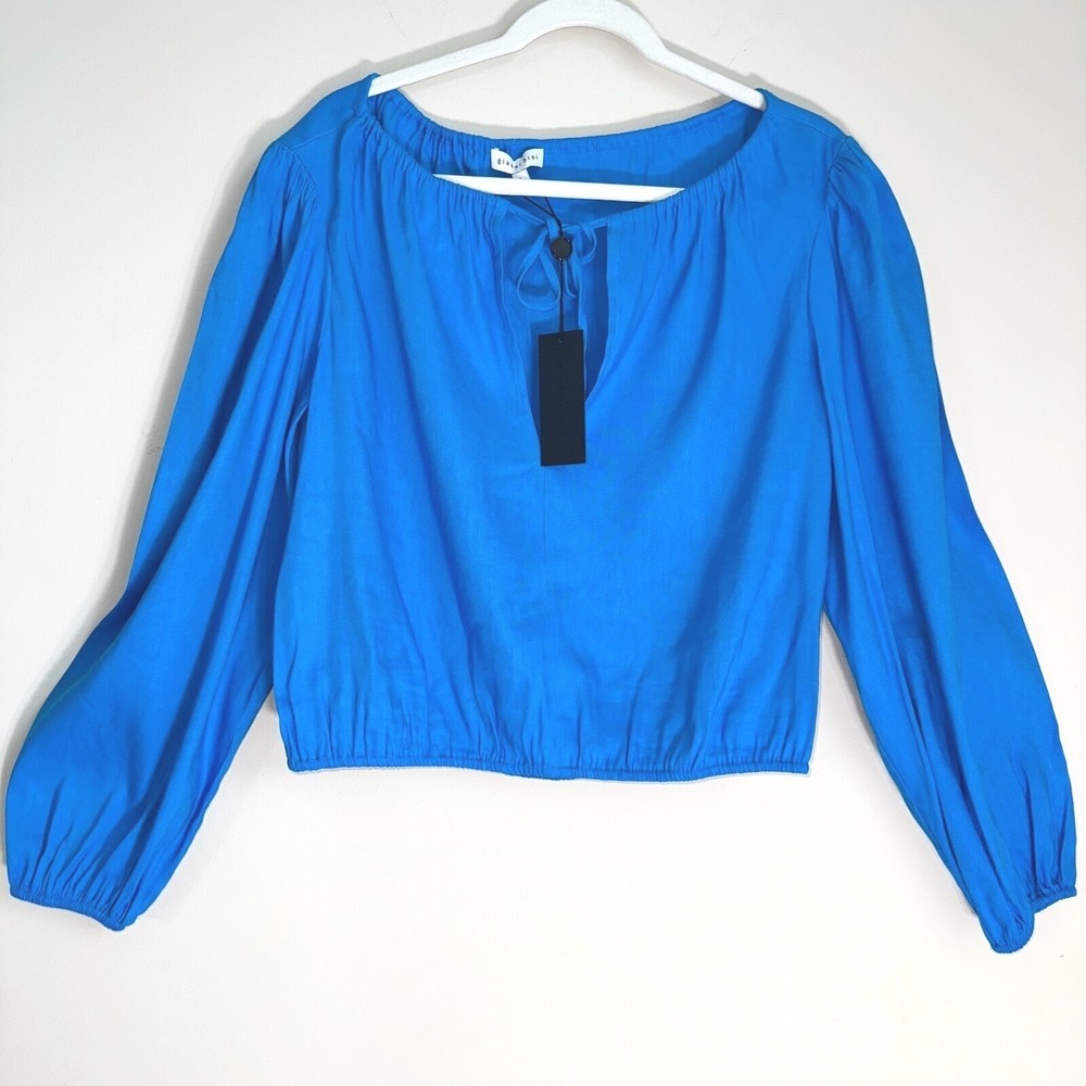 NWT Gianni Bini Linen Blouse Woven Camilla Long Sleeve Pullover Blue Size Large